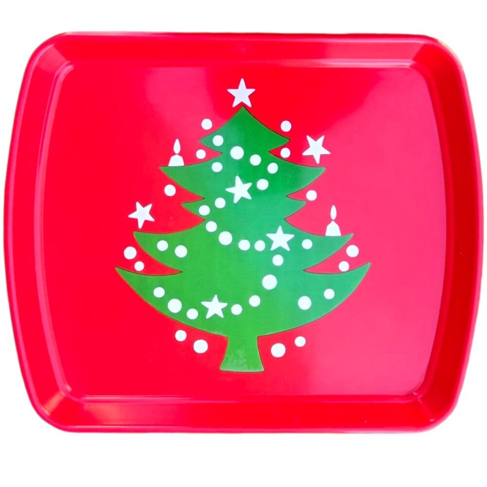 Red Christmas Tree Serving Tray Holiday Vintage Plastic Dinner Party Decor